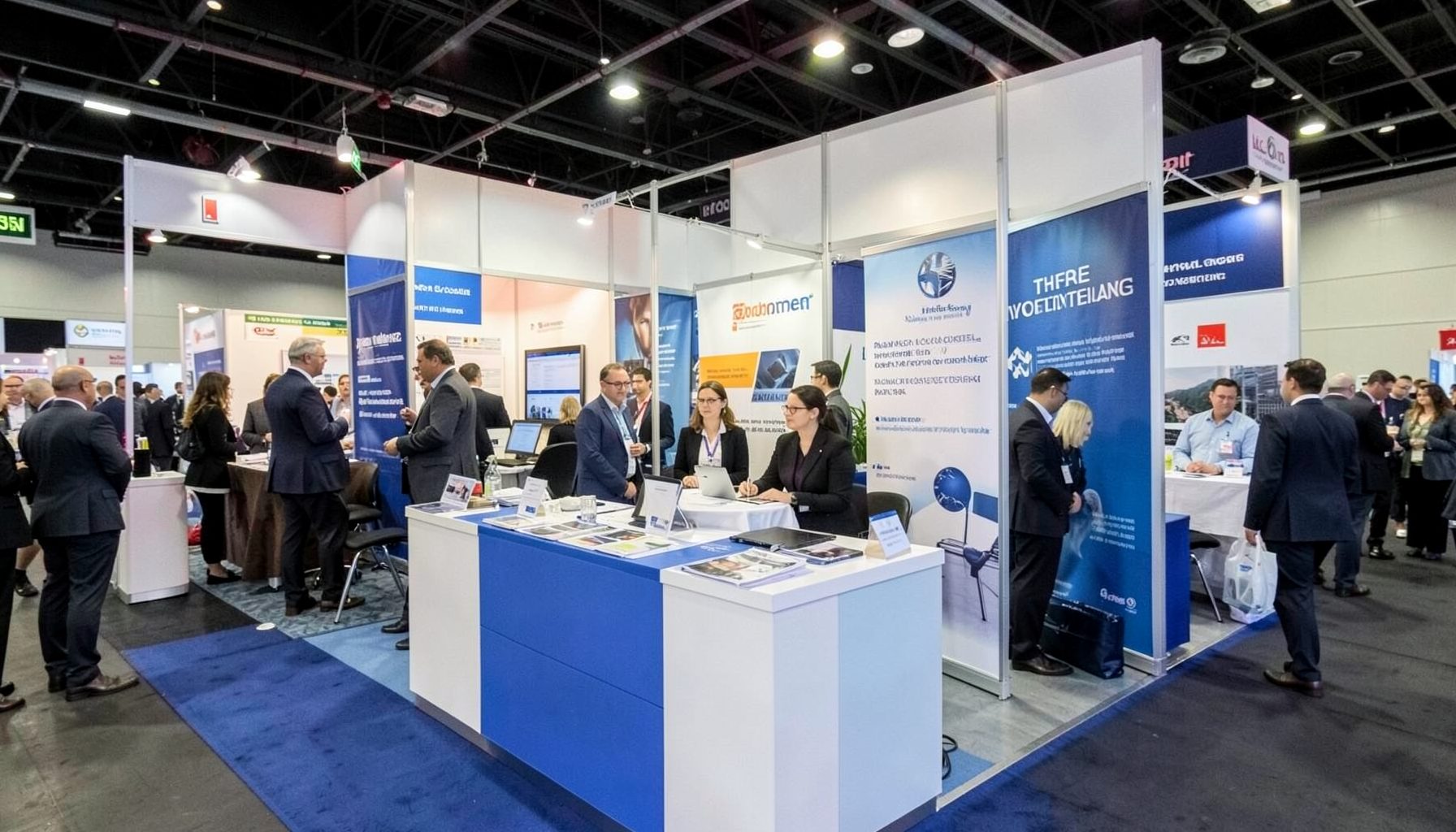 Corporate exhibition booth at a trade show with banners and literature, professional networking