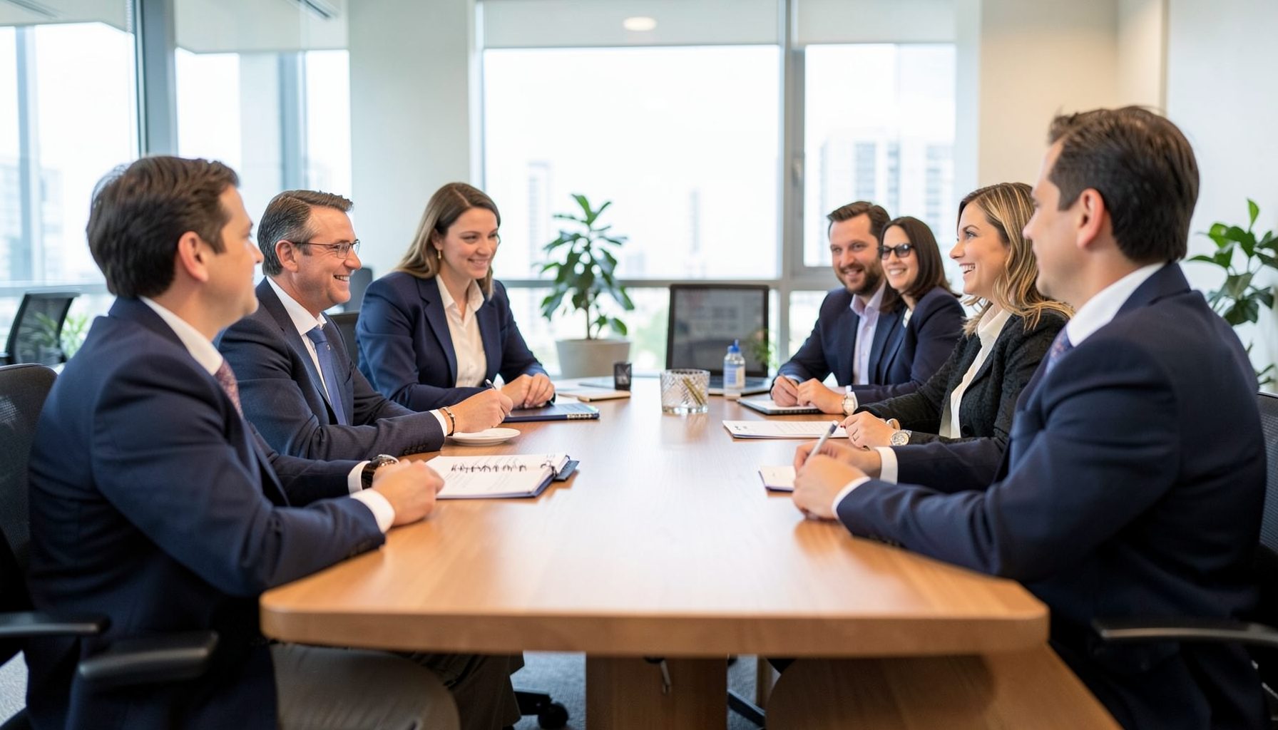 Group of professionals seated around a boardroom table, collaborative office environment
