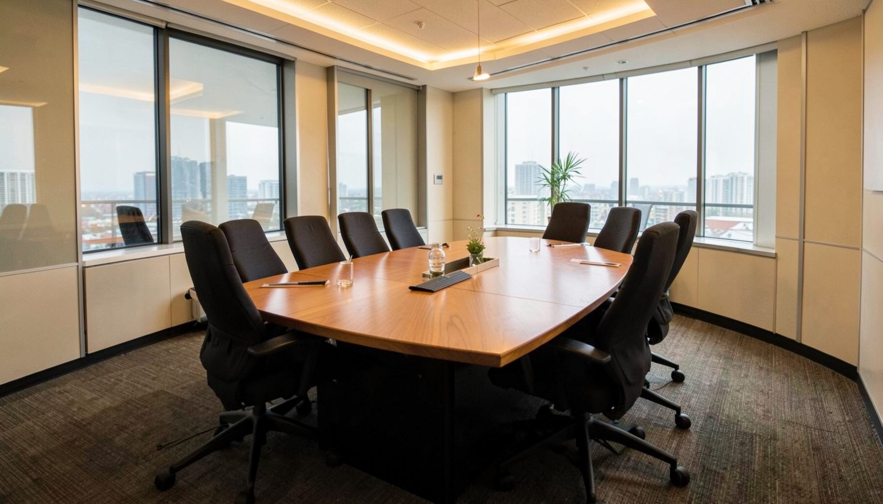 Professional conference room with long table and chairs, warm lighting, business setting