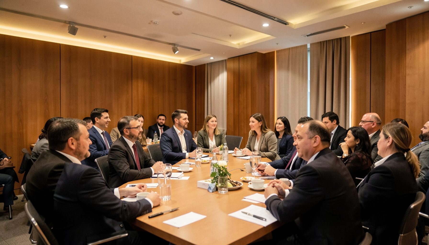 Professional conference setting with warm ambient lighting, attendees engaged in conversation, polished wood accents and networking atmosphere