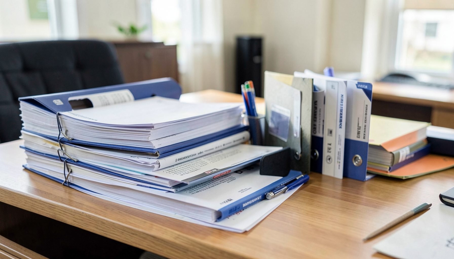 Stack of professional directories and binders on a desk, organized office setting