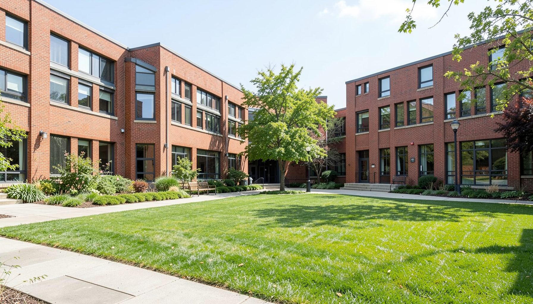 Sunlit university campus courtyard with modern brick buildings and green lawn, calm academic atmosphere